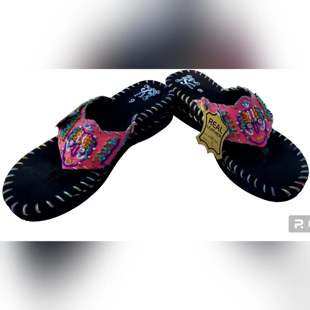 Sassy Sista's Leather Flip Flops, Pink, Style FF-101, 2" heel. - Picture 2 of 6